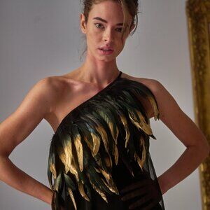 ELEGANT BLACK LONG DRESS WITH PAINTED FEATHER NECKLINE BY T.BA